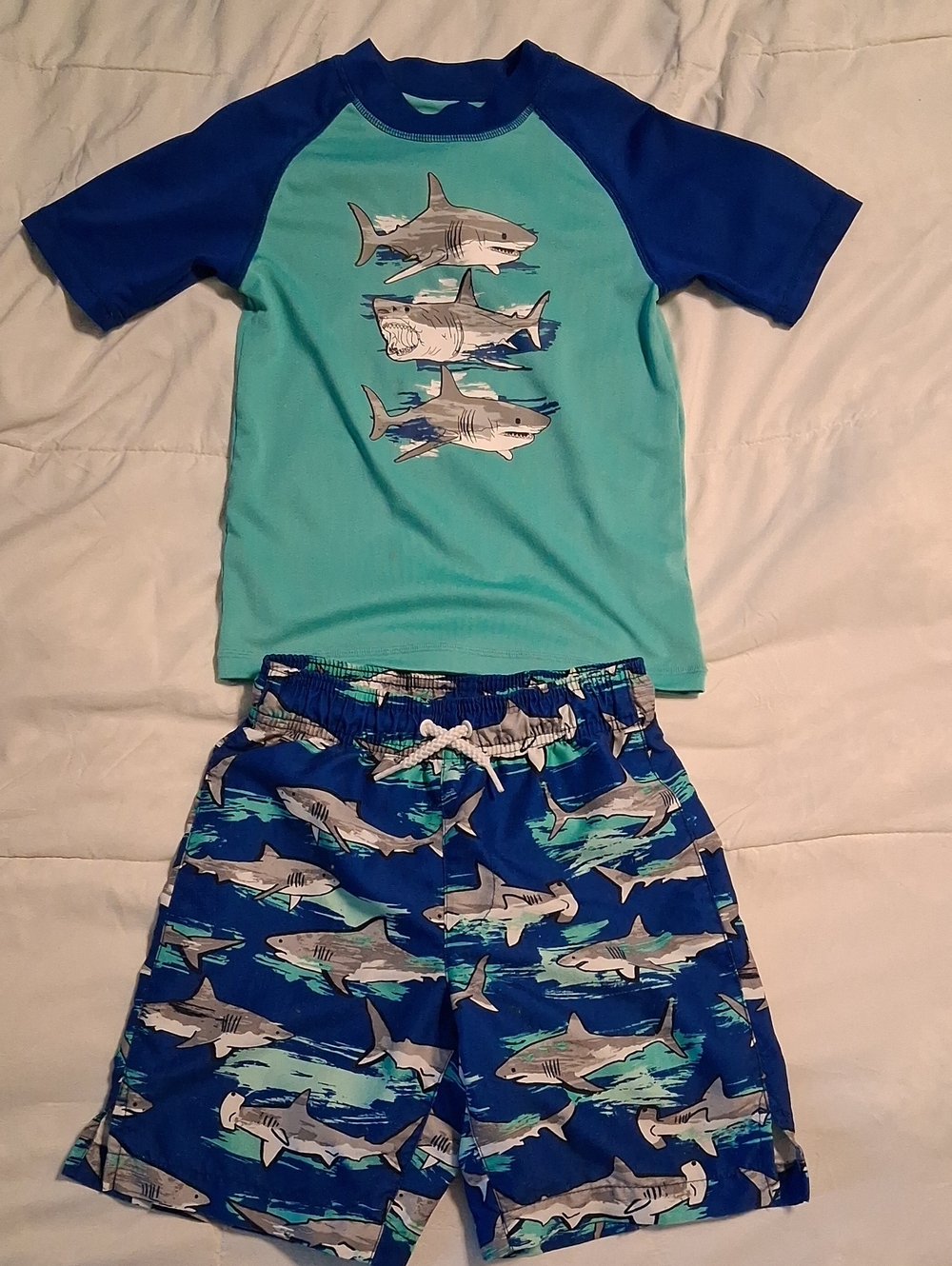 Boys Blue & Teal Shark Rash Guard Set - Kids Swim Small 5/6